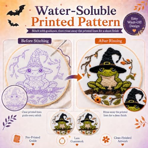 vadeny Halloween Embroidery Cross Stitch Kit for Beginners Adults Gothic Needlepoint DIY Craft Frog Haunted House Cauldron Bat Pattern 4 Set Sewing Hanging Decor with Needles Threads - Image 3