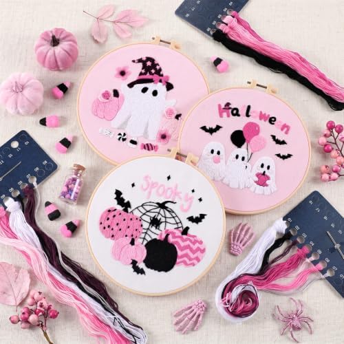 Mindsoft 3 Set Needlepoint Kit for Beginners with Hoop,Pink Halloween - Image 5