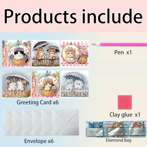 6PCS Cat Diamond Art Painting Greeting Cards Kit with Envelopes - 5D DIY Diamond Art Card Kits for Adults - Handcrafted Postcards for Birthday & Holiday - Image 5