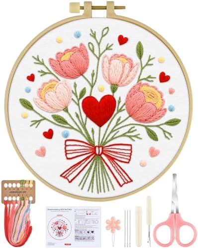 ERKOON Embroidery Kit for Beginners Adult, Flower Cross Stitch Set Include Embroidery Cloth Hoops Threads for Craft Lover Hand Stitch with Embroidery Skill Techniques (Bouquet) by ERKOON