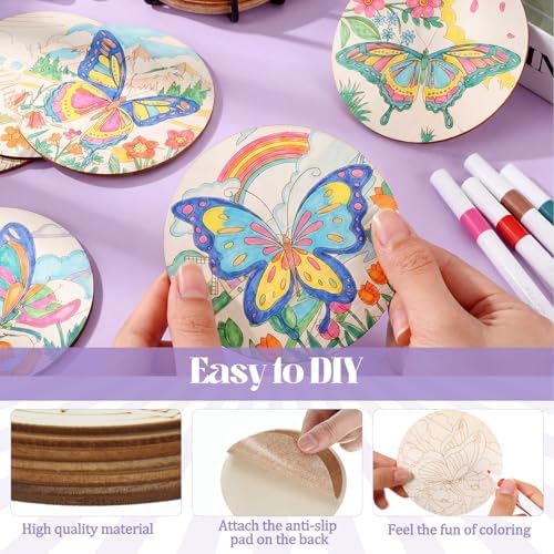 Reallnaive 45 Pcs Butterfly Wooden Coasters Painting Kit, 4 Inch Paint Your Own Boho Coasters with Markers, Mothers Day Arts and Crafts for Adults Women Seniors Elderly Crafters Gifts - Image 4