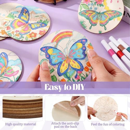 Reallnaive 45 Pcs Butterfly Wooden Coasters Painting Kit, 4 Inch Paint Your Own Boho Coasters with Markers, Mothers Day Arts and Crafts for Adults Women Seniors Elderly Crafters Gifts - Image 4