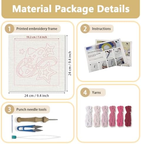 DOODLREAM Weatern Cowboy Punch Needle Kit for Beginner, 9.4"x9.4" Pink Star Hat Stitching Craft Set, DIY Embroidery Starter with Printed Frame, Instruction, Threader, Yarn, Pinch Needle - Image 2