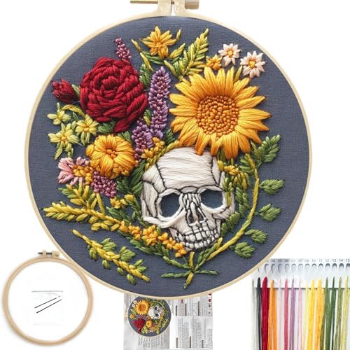 FONNUY Floral Embroidery Kit for Beginners, Colorful Flowers Pre-Stamped Pattern Kits for Adults with Hoop, Thread Needlework, 8'' Hoop (Skull) by FONNUY