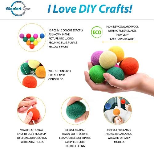 Glaciart One Felt Balls, Wool Pom Poms (10 Pieces) 4 Centimeters - 1.6 Inch, Handmade Felted 10 Colors (Red, Blue, Orange, Yellow, Green, Pink and More) Great for Cats, Felting and Garland - Image 2
