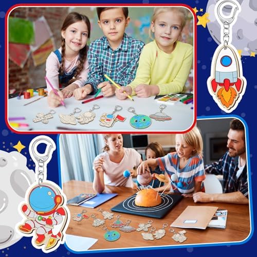 Trnayi 36 Pcs Outer Space Wood Keychain Color Your Own DIY Craft - Image 6