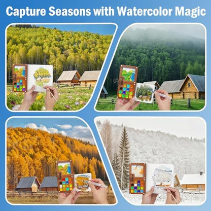 24 Colors Pocket Mini Watercolor Paint Set Walnut Wood Palette Kit - Image 7