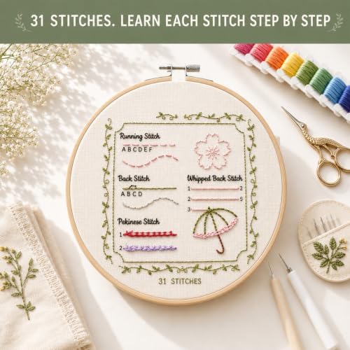 Cikeela Embroidery Stitch Book Beginner with Fabric Pages, 31 Essential Stitches in Structured Learning Order for Adults, DIY Sewing Kit with Floral Motifs, Practice Patterns EmbroideryStitch Book Kit - Image 5