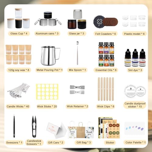 DOPXXBB Complete Candle Making Kit, DIY Candle Making Supplies for Adults, Include Soy Wax, Candle Cups & Tins Candle Wicks & Light Aroma Type Scents, Liquid Dyes & More - Image 5