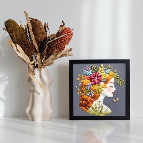 FONNUY Floral Women Embroidery Kit for Beginners, Colorful Long Hair Girl Pre-Stamped Pattern Kits for Adults with Hoop, Thread Needlework, 8'' Hoop (Gold) - Image 3
