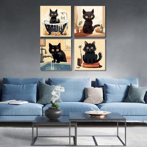 Funny Black Cat Paint by Numbers Kit for Adults Beginners, 4 Pack Cute Cat Easy Framed Adults Paint by Numbers Kits, DIY Black Cat Acrylic Oil Painting Number Kits for Home Wall Decor (8 x 8 Inch) - Image 2
