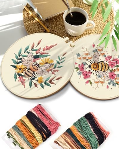 TINDTOP 2 Pack Embroidery Kit for Adult, Embroidery DIY Starter Kit, with Stamped Patterns, Hoop, Tools, Colorful Threads with Needles, Instructions (Bee) - Image 7