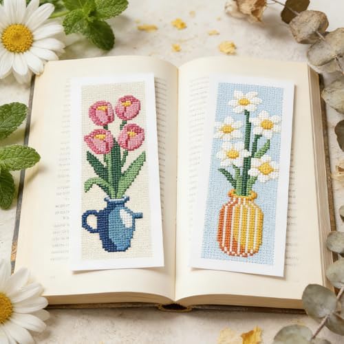 INFUNLY 6PCS Cross Stitch Bookmark Kit for Adults Flower Vase Stamped Embroidery Bookmark Kit with Backing Felt Floss Instruction for Book Lovers Readers - Image 6