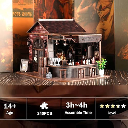 Book Nook Kit, 3D Wooden Miniature Tavern & Pub Dollhouse with LED Lights - DIY Mini House Craft Model for Adults, Birthday Valentine's Day Gift for Women Men - Image 3