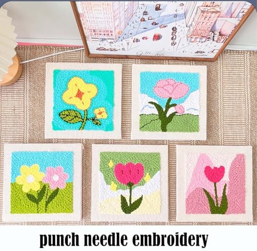 Allazone Punch Needle Embroidery Kit With Frame, Square Fabric, Flower Pattern, Hoop, Yarns (Pink Tulip) - Image 5