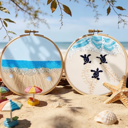 Embroidery Kit for Beginner Adults, Stamped Cross Stitch kits for Adults Beginners, Ocean Hand Embroidery Starter Needlepoint Kit, 2 Set Embroidery Supplies, 2 Hoops (Attached Teaching Video QR Code) - Image 3
