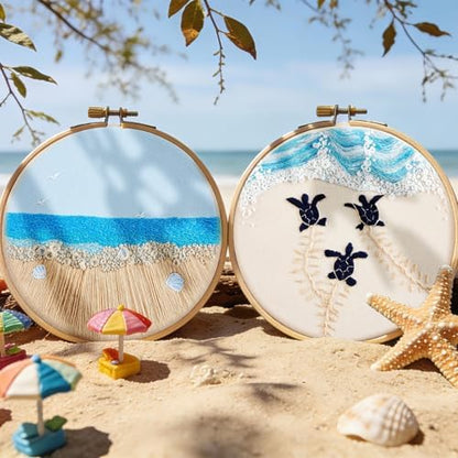 Embroidery Kit for Beginner Adults, Stamped Cross Stitch kits for Adults Beginners, Ocean Hand Embroidery Starter Needlepoint Kit, 2 Set Embroidery Supplies, 2 Hoops (Attached Teaching Video QR Code) - Image 3