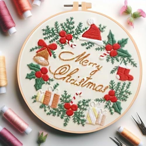 Huacan Embroidery Kits for Adults Beginner DIY Cross Stitch Stamped Christmas Pattern Stitching Wreath Sewing Kit 1 Piece 7.8 x 7.8 Inch - Image 4