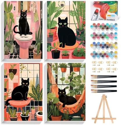 4 Pack Framed Paint by Numbers Kit for Adults Black Cat with Wooden Easel by Fountor