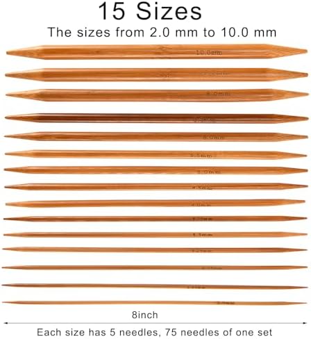 Double Pointed Knitting Needles Set,75 Pcs Wooden Bamboo Knitting Needles Kit,15 Sizes from 2.0mm-10.0mm,with Small Tools,Straight Wood Needles for Beginners,Making Sweater,Scarf,Sock,Weave - Image 2