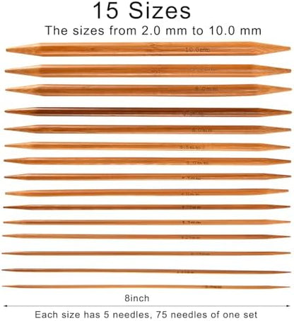 Double Pointed Knitting Needles Set,75 Pcs Wooden Bamboo Knitting Needles Kit,15 Sizes from 2.0mm-10.0mm,with Small Tools,Straight Wood Needles for Beginners,Making Sweater,Scarf,Sock,Weave - Image 2