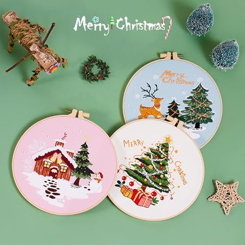 Huacan Embroidery Kits for Adults Beginner 4 Pcs Stamped Christmas Tree Pattern Stitching DIY Sewing Kit 7.9 x 7.9 Inch - Image 4