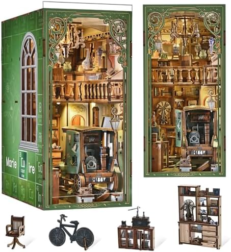 MiniCity Book Nook Kitwith Dust Cover and LED Light, 3D Wooden Puzzle Bookend Bookshelf Insert Decor for Teens and Adults-The Radium Lady | 7.1 x 4.3 x 9.1 in; 504-piece DIY kit with LED and dust cover; glue/tools included; 6-8 hr build for shelf displ... by MiniCity