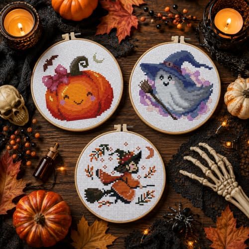 3 Pack Halloween Stamped Cross Stitch Kits for Beginners,with Hoop 6x6in - Image 2