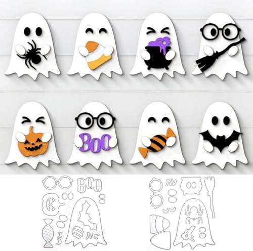 8Pcs Halloween Ghost Cutting Dies for Card Making, Pumpkin Broom Candy Bat Spider Die Cuts All Saints' Day Metal Embossing Stencil for DIY Scrapbooking Cards Decorative by Unknown