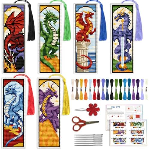 ACRNIGHEET 6PCS Cross Stitch Bookmark Kit for Beginner Dragon Stamped Cross Stitch Kits Needlepoint Kit for Adults DIY Tassel Embroidery Bookmark Kits with Instructions Craft Gift 8.5''x3'' 11CT by ACRNIGHEET
