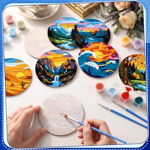 Reallnaive 8 Pcs Mountain Paint by Numbers Kit for Adults Wooden Coasters - Image 2