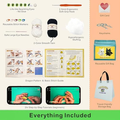 LuNuaFvy Crochet Kit for Beginners, Adults & Kids - Complete Animal Starter Kit to Make 2 Cute Dragons, Easy-to-Follow Book & Video Tutorial, Soft Yarn, Gift & Storage Bags - Image 2