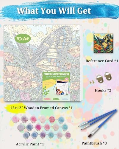 TOCARE Framed Paint by Numbers Kit for Adults & Kids Ages 8-12, 12x12Inch Colorful Butterfly Paint by Numbers with Frame, Flower Paint by Number Framed Canvas for Animal Lovers (Without Easel) - Image 3