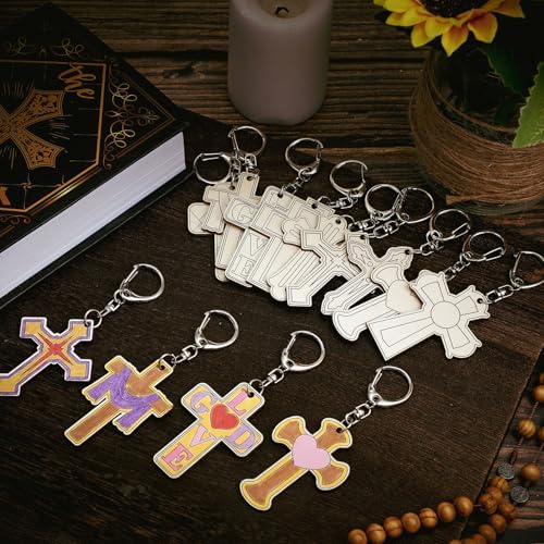 Trnayi 36 Pcs Religious Cross Wood Keychain Color Your Own DIY Craft - Image 3