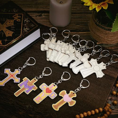 Trnayi 36 Pcs Religious Cross Wood Keychain Color Your Own DIY Craft - Image 3