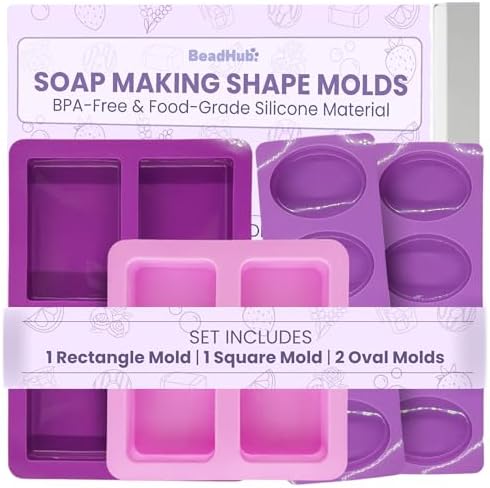 4 Pack Silicone Soap Molds - Rectangle, Square & 2 Oval Soap Making Molds DIY Soap Making Kit Accessories & Tools, Handmade Craft Supplies Mold Set for Soap Kit Adults Art Project by BeadHub