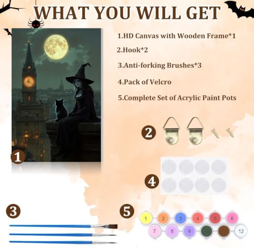 NAIMOER Halloween Paint by Numbers Kits for Adults Beginner with Wooden Framed, Witch Cat Color by Numbers on Canvas Painting Kits for Adults, Easy Paint DIY Acrylic for Home Wall Decor 8X12 Inch - Image 5