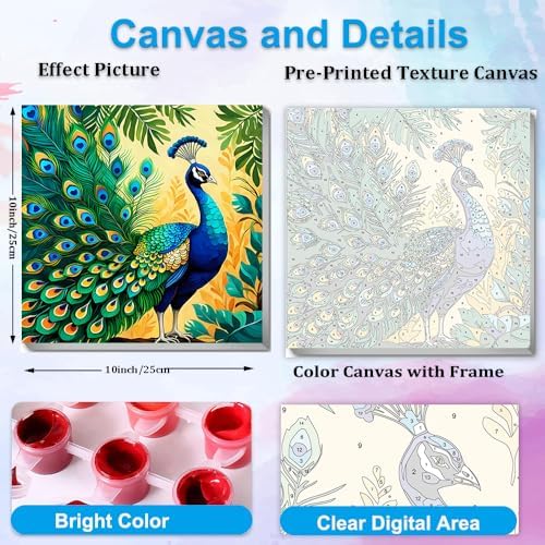 Artunion Framed Paint by Numbers Kit for Adults Beginners & Kids Ages 8-12,Colorful Peacock Paint by Number with Frame,Bird Animals Paint by Numbers Kit on Canvas 10 * 10 Inch Without Easel - Image 3