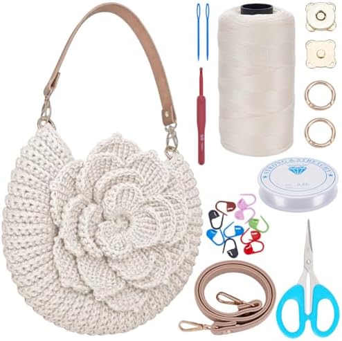 FREEBLOSS DIY Crochet Bag Making Kit Crochet Starter Kit with Video Tutorial PU Leather Handle Handmade Shoulder Bag Set for Beginners Birthday Gift White by FreeandCreativeCraftsArt