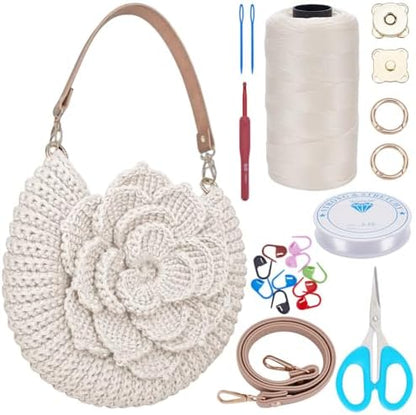 FREEBLOSS DIY Crochet Bag Making Kit Crochet Starter Kit with Video Tutorial PU Leather Handle Handmade Shoulder Bag Set for Beginners Birthday Gift White by FreeandCreativeCraftsArt