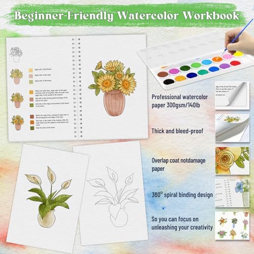 Beginners Watercolor Workbook for Adults, Step-by-Step Coloring Book Set - Image 3