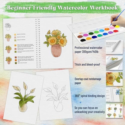 Beginners Watercolor Workbook for Adults, Step-by-Step Coloring Book Set - Image 3