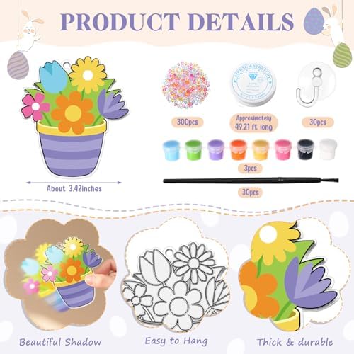 Dunzoom 30 Set Easter Craft Kit Suncatchers Kit Spring Easter Eggs DIY Suncatchers Craft Kit Make Your Own Suncatcher Paint Easter Bunny Sun Catcher Ornaments for Spring Art Craft Painting Activity - Image 2