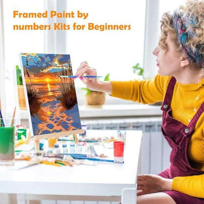 MOGTAA Landscape Paint by Numbers Kit for Adults Beginners with Frame, Beach Adult Paint by Number Kits on Canvas with Easel, Easy DIY Sunset Oil Painting Kits for Home Decor, 8x12in - Image 4