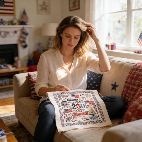 USA 250th Anniversary Cross Stitch Kit 9.8 x 9.8 Inch, 1776-2026 Patriotic Embroidery Kit for Beginners Adults, DIY 4th of July Patriotic Needlepoint Set with Threads Needle Wall Decor Craft Gift - Image 3