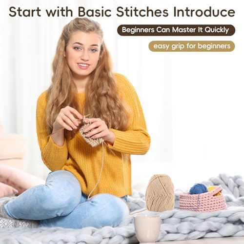 GliCraft Hat Knitting Kit for Beginners with Yarn Needles Pom,Beige - Image 4