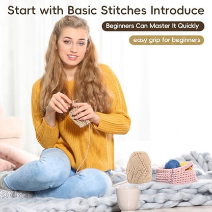 GliCraft Hat Knitting Kit for Beginners with Yarn Needles Pom,Beige - Image 4