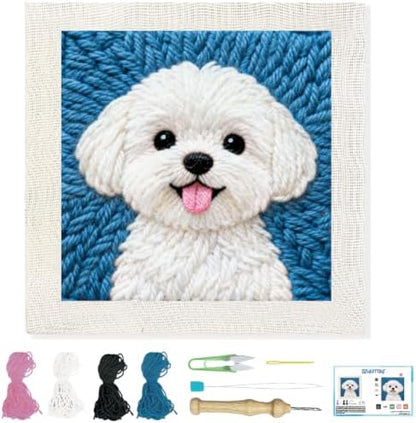 BEUNITONE Punch Needle Kit with Frame for Adults Beginners, Cute Bichon Frise Needlepoint Crafts Kit for Adults, Complete Embroidery Starter Kits with Pre-Print Pattern for Gift Home Decor 9.4"x9.4" by BEUNITONE