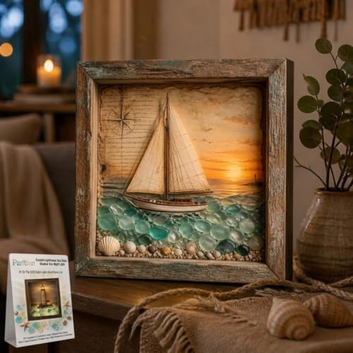 Coastal Lighthouse Sea Glass Shadow Box Night Light Nautical Beach Lamp Home Decor DIY Wooden Picture Frame Ocean Theme Craft Kit Starfish Shells Art Bedside Reading Corner Gift for Adult(#3,Battery) by Unknown