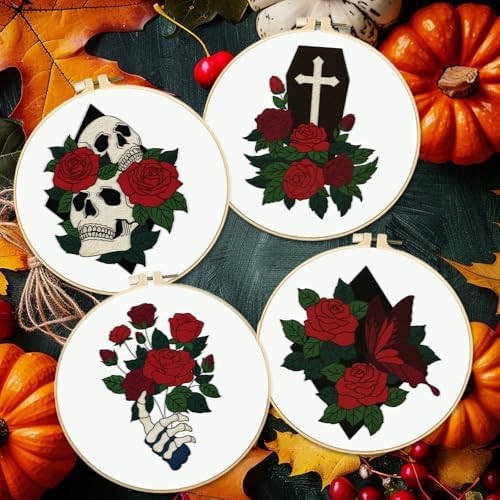 BEUNITONE 4 Set Halloween Skull Embroidery Kit for Beginners Include Hoops - Image 6